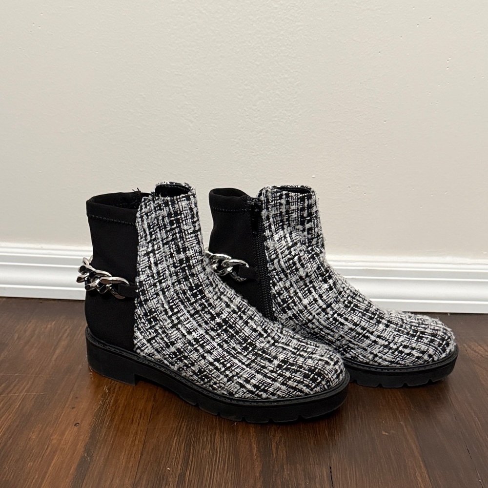 Nine West Black and White Tweed Boots with Chain Accent
